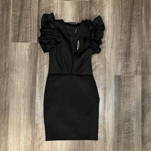 PrettyLittleThing Black Scuba Frill Ruffle Sleeve Plunge Bodycon Mini Dress - 4
